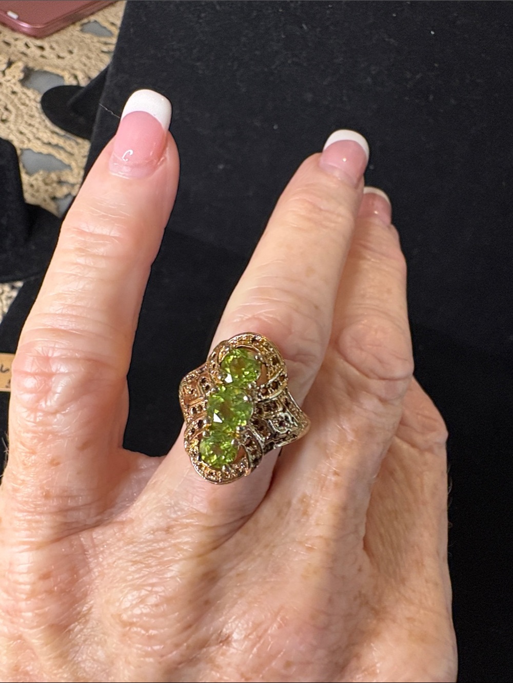 Green Peridot Triple-Stone Statement Ring - Women Jewelry